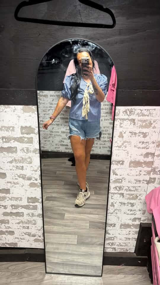 blue stripe lace up top