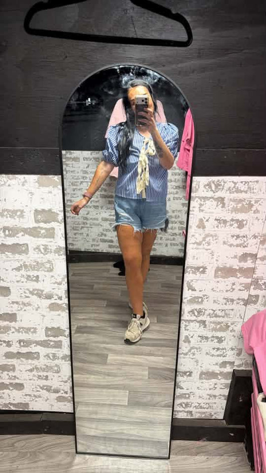 blue stripe lace up top